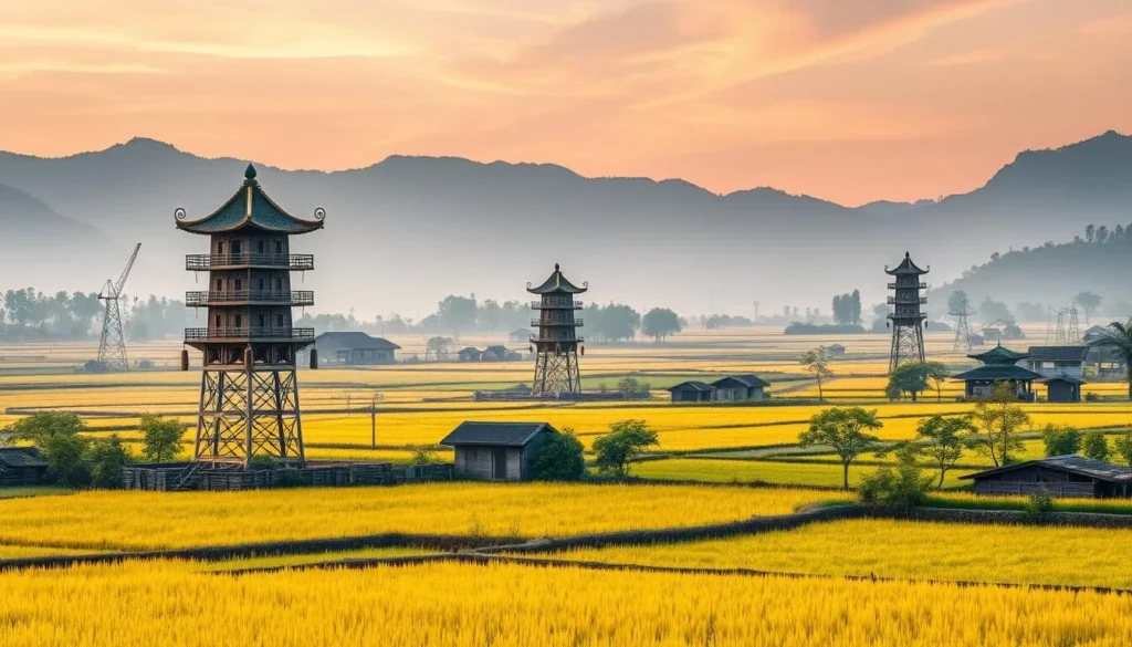 Generate an image of Zili Village with its iconic watchtowers and picturesque rice fields.