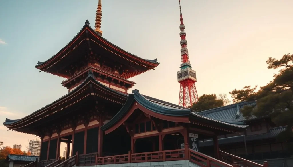 Generate an image of Zojoji Temple with Tokyo Tower in the background.