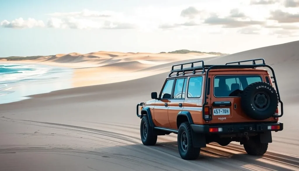 Generate an image of a 4WD vehicle driving on the sandy shores of 75 Mile Beach, Fraser Island.
