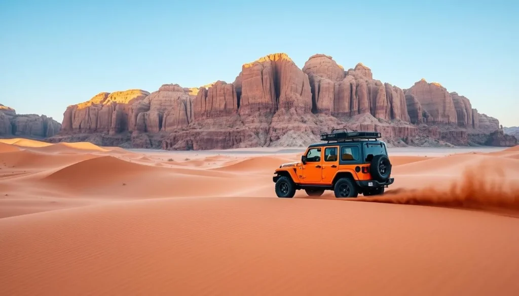 Generate an image of a 4x4 jeep navigating through the red sand dunes of Wadi Rum with sandstone mountains in the background. Generate an image of a 4x4 jeep navigating through the red sand dunes of Wadi Rum with sandstone mountains in the background.