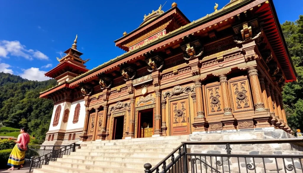 Generate an image of a Bhutanese temple with intricate carvings and vibrant designs.