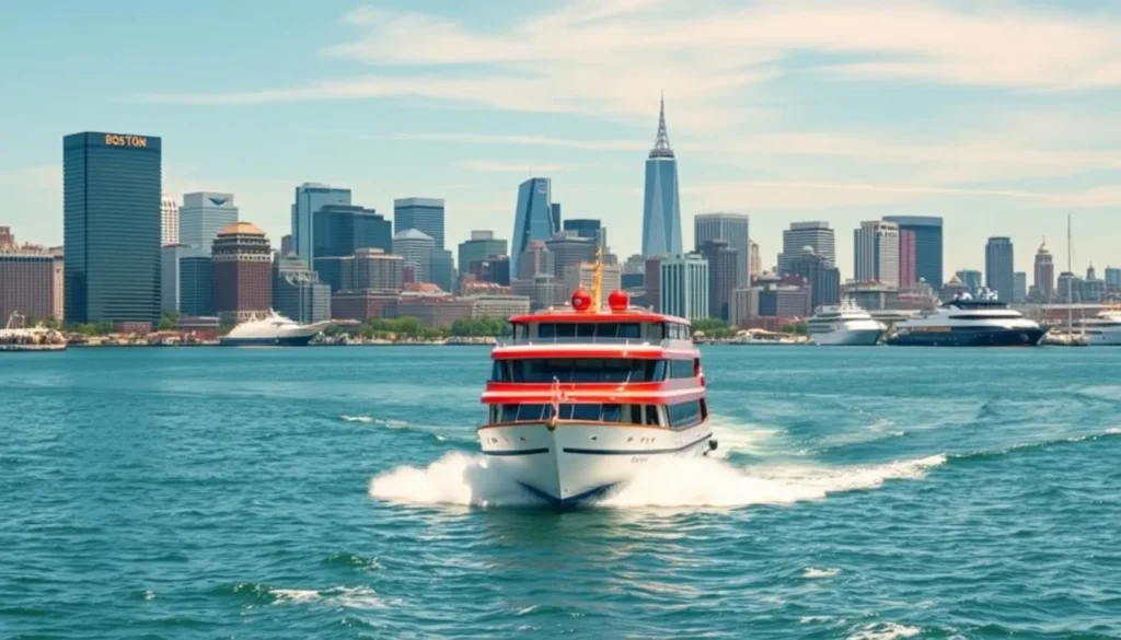 Generate an image of a Boston Harbor cruise boat sailing past the city's skyline.