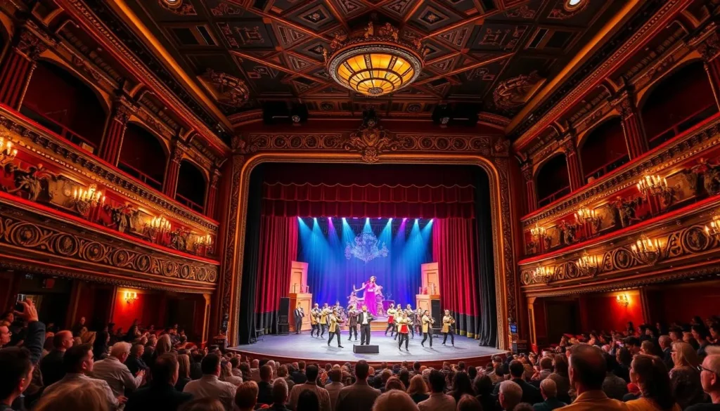 Generate an image of a Broadway theater interior with a stage and audience. Generate an image of a Broadway theater interior with a stage and audience.