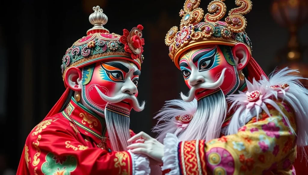 Generate an image of a Cantonese Opera performance with vibrant costumes and elaborate makeup.