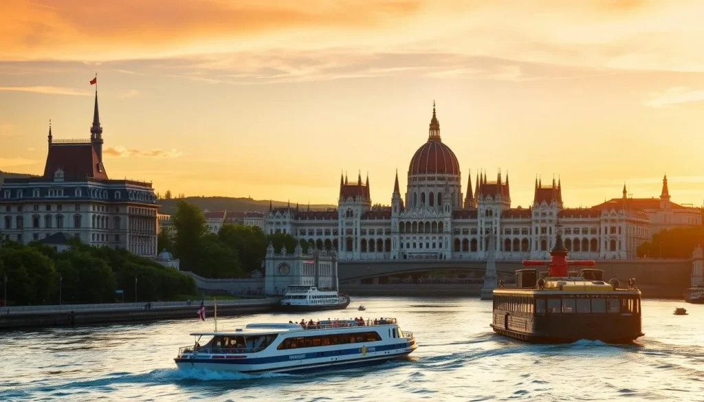 Generate an image of a Danube River cruise in Budapest, with the Hungarian Parliament Building in the background.