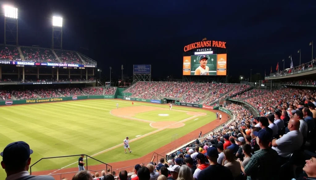 Generate an image of a Fresno Grizzlies game at Chukchansi Park, showcasing the excitement of minor league baseball.
