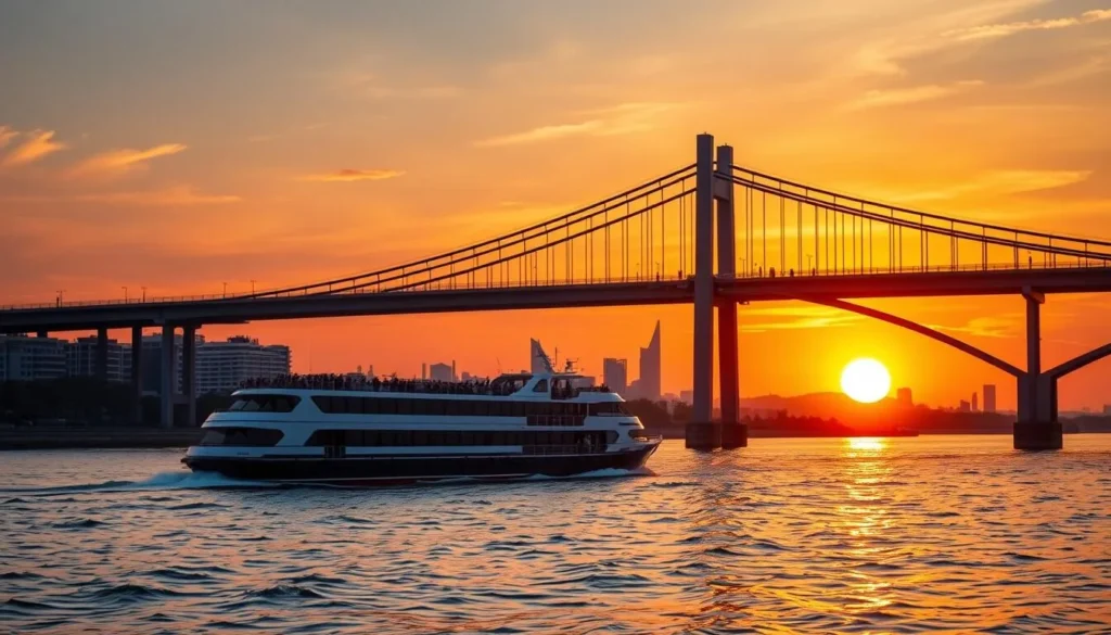 Generate an image of a Han River cruise boat passing under a bridge at sunset.