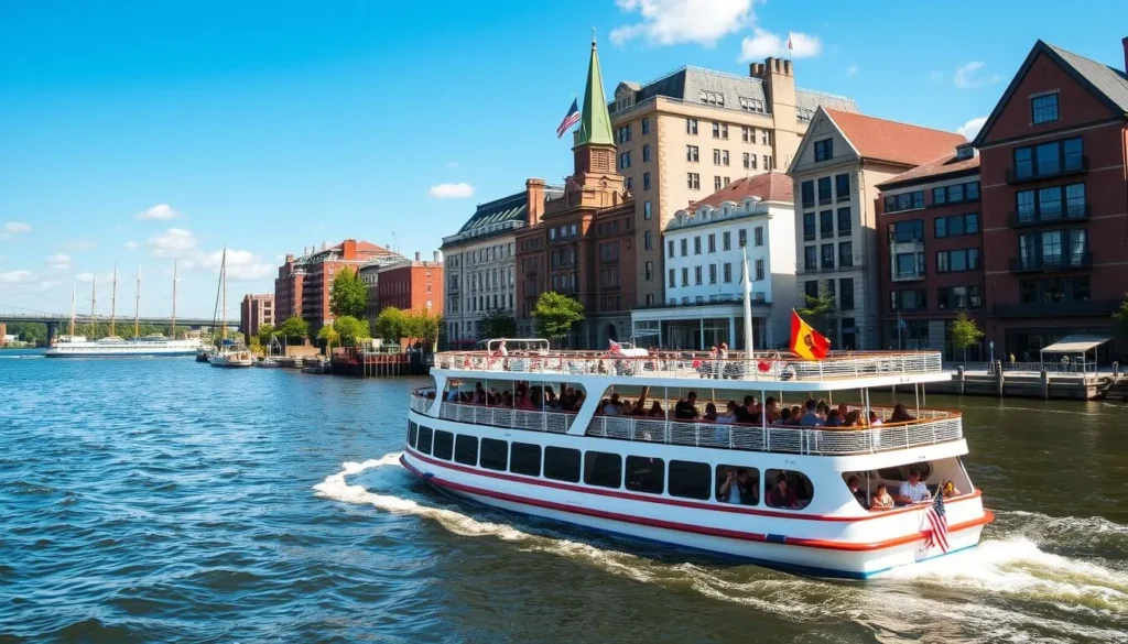 Generate an image of a Hudson River Cruise boat sailing past the Kingston waterfront.