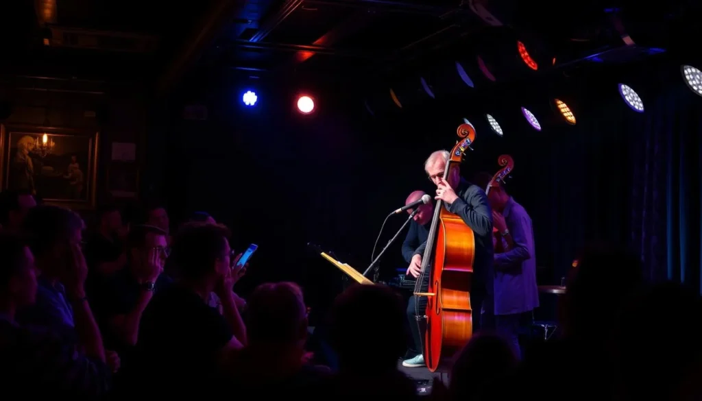 Generate an image of a Jazzkaar performance at a cozy Tallinn venue, with a renowned jazz musician on stage.