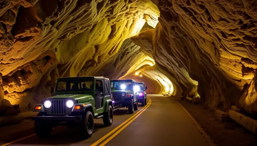 Generate an image of a Jeep-drawn tram navigating through the illuminated passages of Fantastic Caverns.