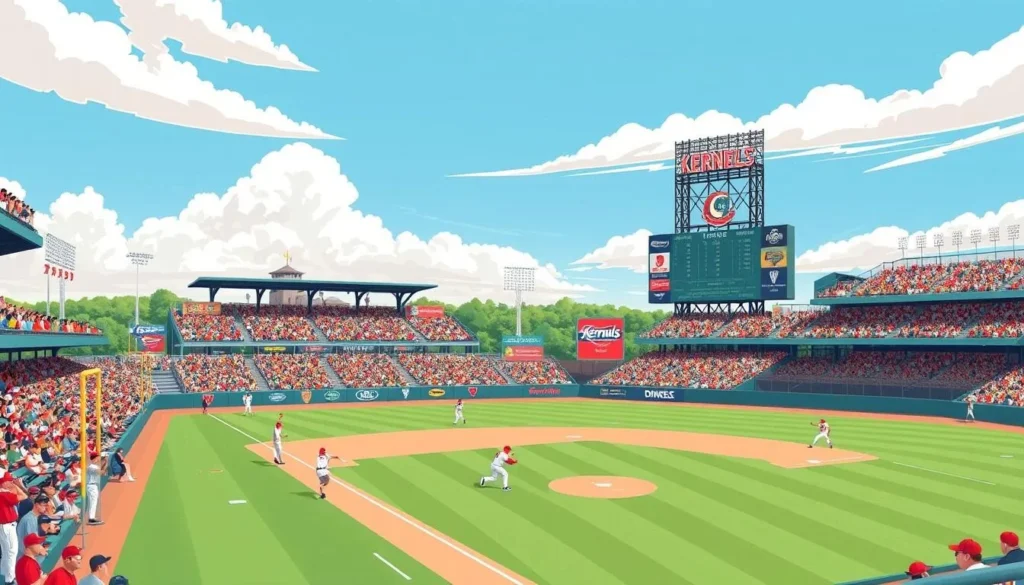 Generate an image of a Kernels baseball game at Veterans Memorial Stadium