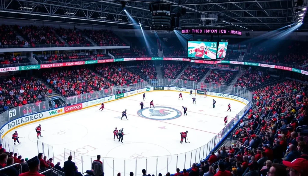 Generate an image of a RoughRiders hockey game at ImOn Ice Arena