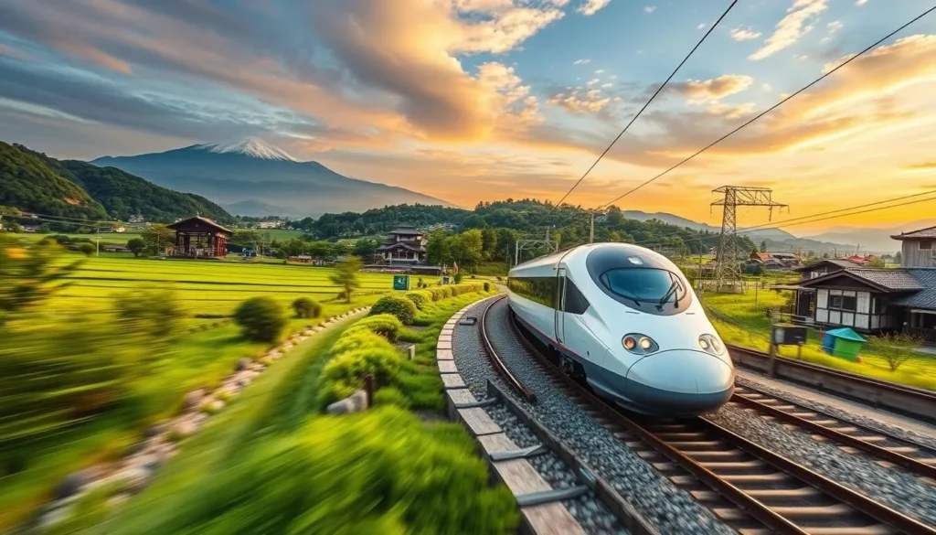 Generate an image of a Shinkansen train traveling through the Japanese countryside