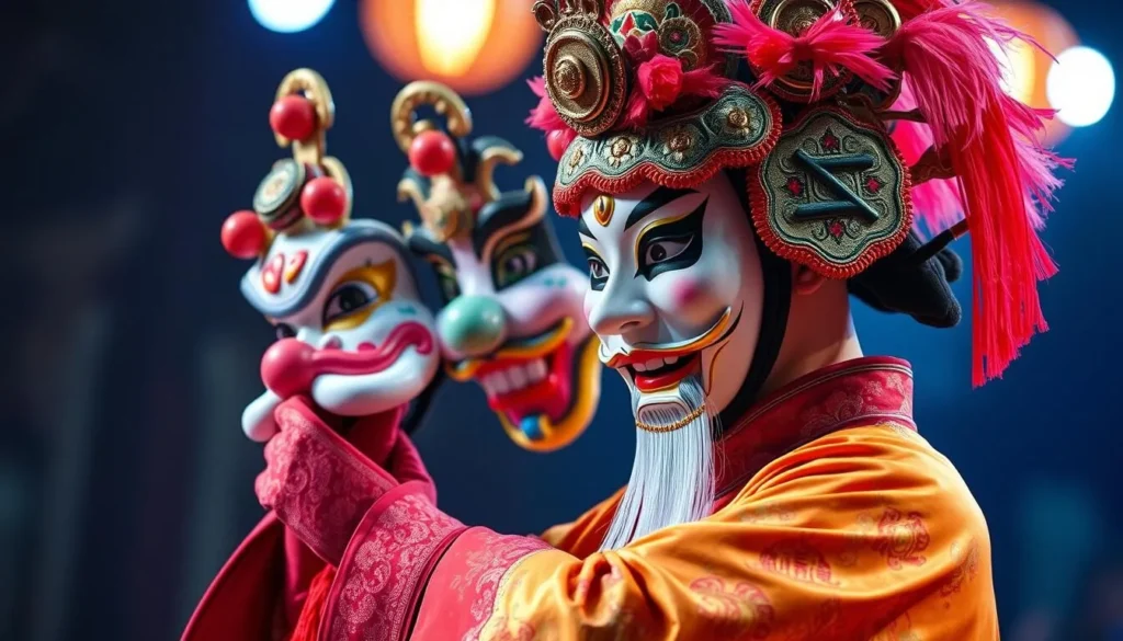 Generate an image of a Sichuan Opera performer changing masks.