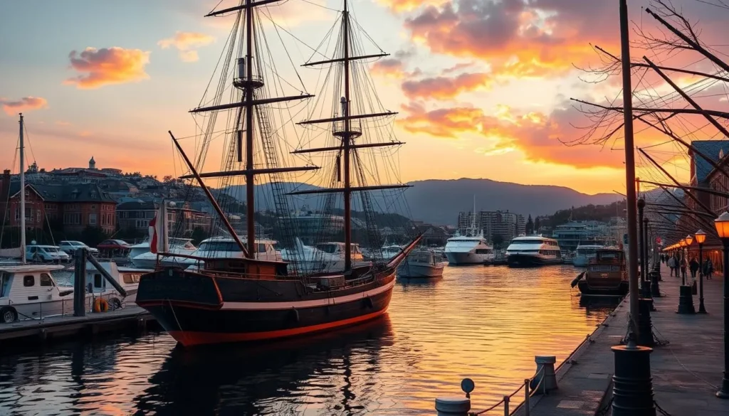 Generate an image of a Tall Ship docked in Bay City