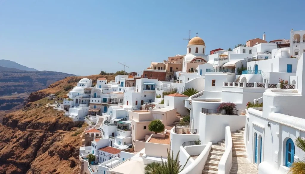 Generate an image of a White Village perched on a hilltop, with narrow streets and whitewashed houses.