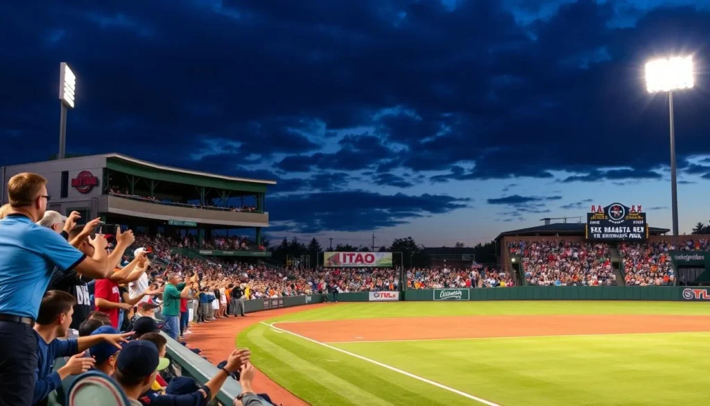 Generate an image of a baseball game at Highland Park, with a full crowd cheering on the Terre Haute Rex. Generate an image of a baseball game at Highland Park, with a full crowd cheering on the Terre Haute Rex.