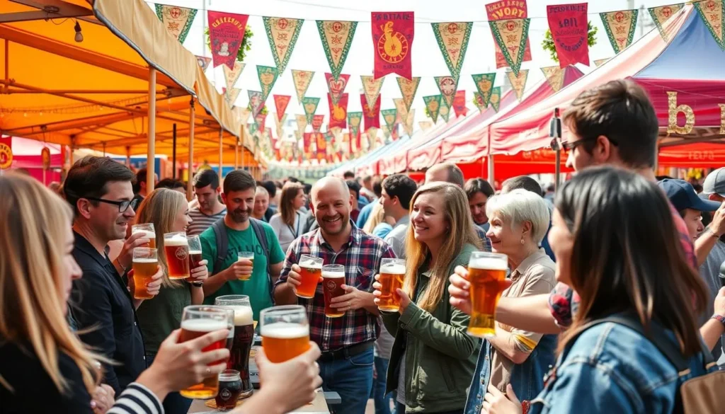 Generate an image of a beer festival with people tasting different beers.
