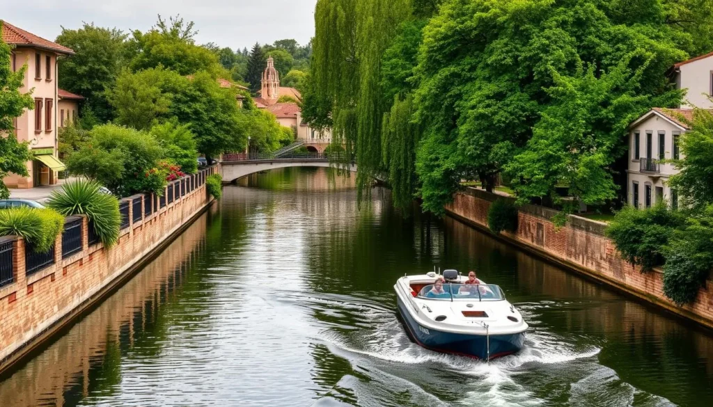 Generate an image of a boat cruise along the Canal du Midi in Toulouse, France Generate an image of a boat cruise along the Canal du Midi in Toulouse, France