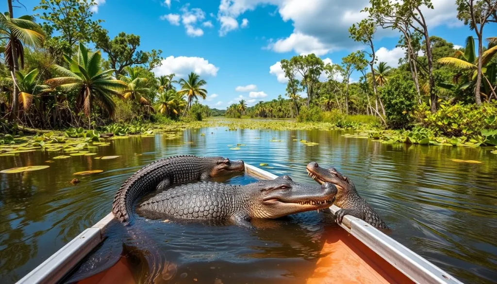 Generate an image of a boat ride through Esteros del Iberá, with caimans and capybaras in the water.