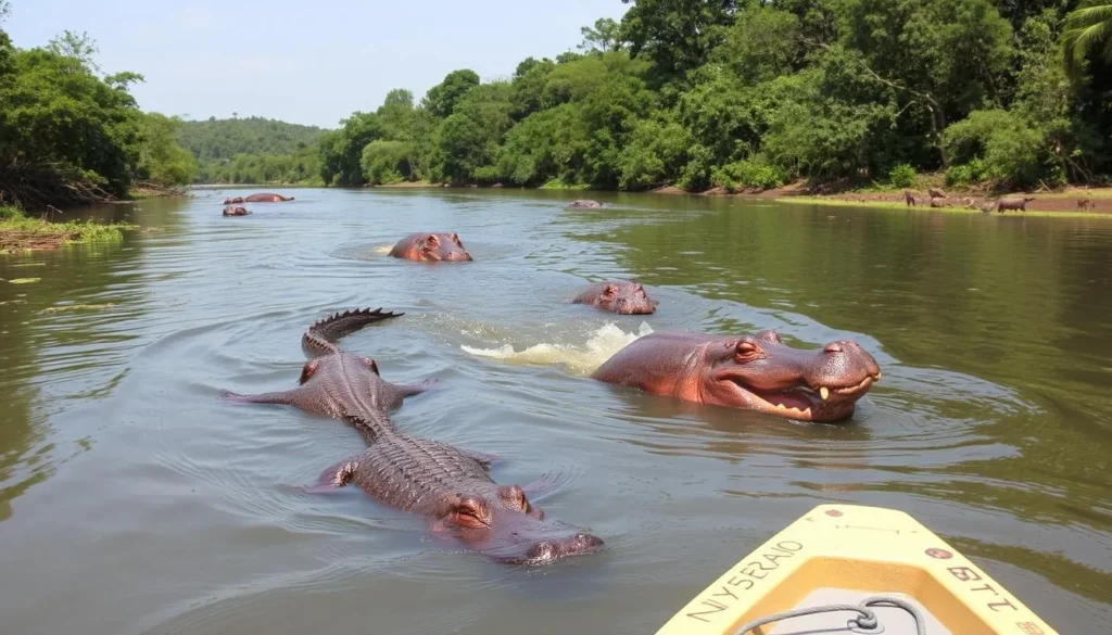 Generate an image of a boat safari along the Rufiji River in Nyerere National Park, with hippos and crocodiles in the water.