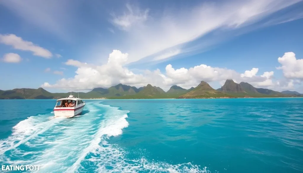 Generate an image of a boat tour heading to Nevis from St. Kitts.
