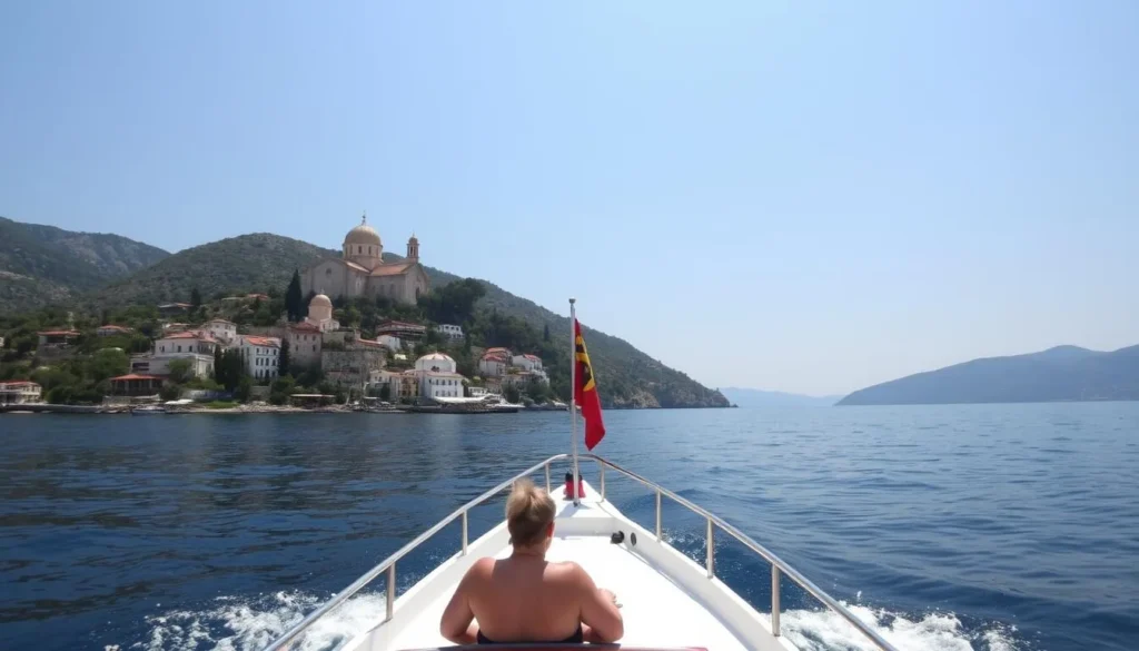 Generate an image of a boat tour near Mount Athos, showcasing the monasteries along the coastline. Generate an image of a boat tour near Mount Athos, showcasing the monasteries along the coastline.