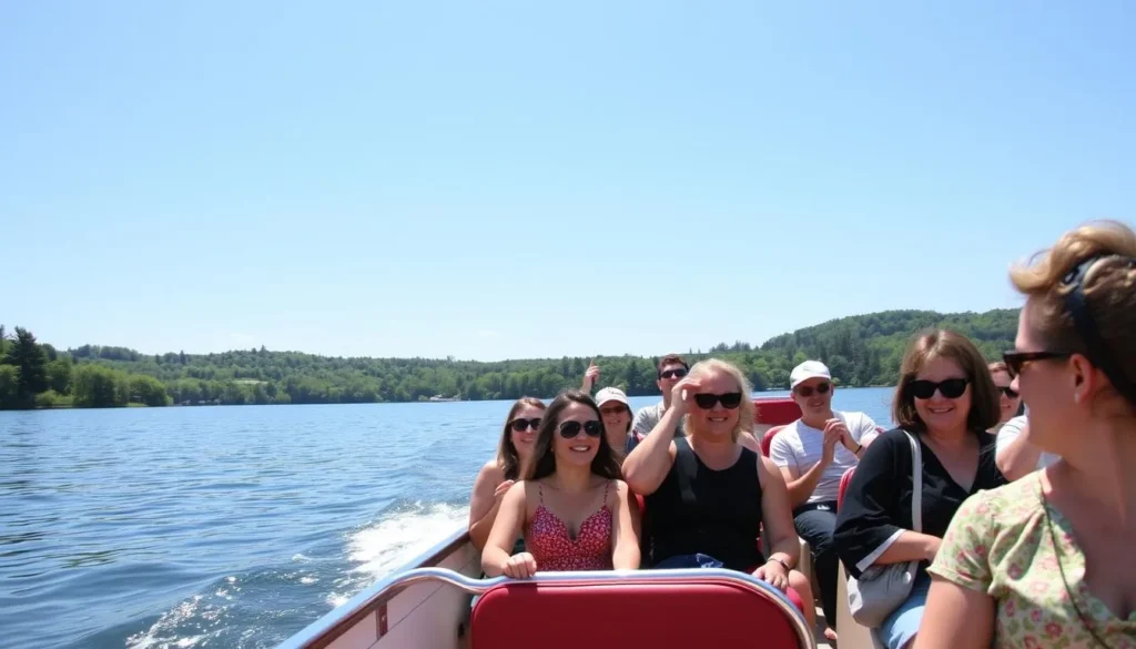 Generate an image of a boat tour on Skaneateles Lake