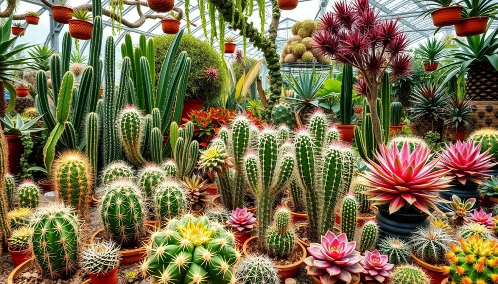 Generate an image of a botanical garden featuring a wide variety of cacti and succulents, with a special greenhouse.