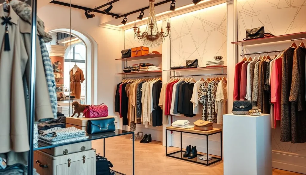 Generate an image of a boutique with a stylish display of clothing and accessories.