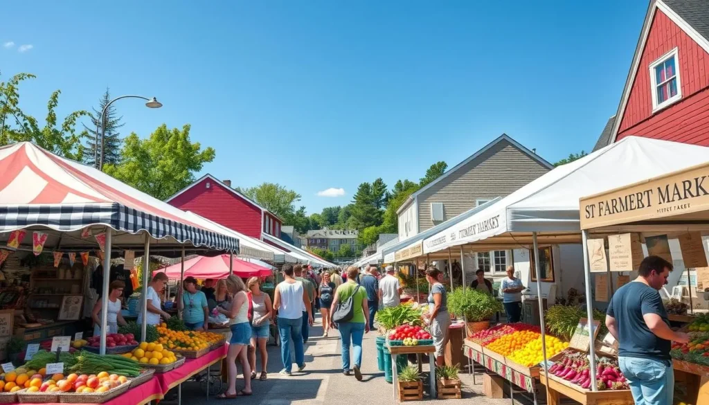 Generate an image of a bustling Vermont farmers market with local vendors and shoppers.