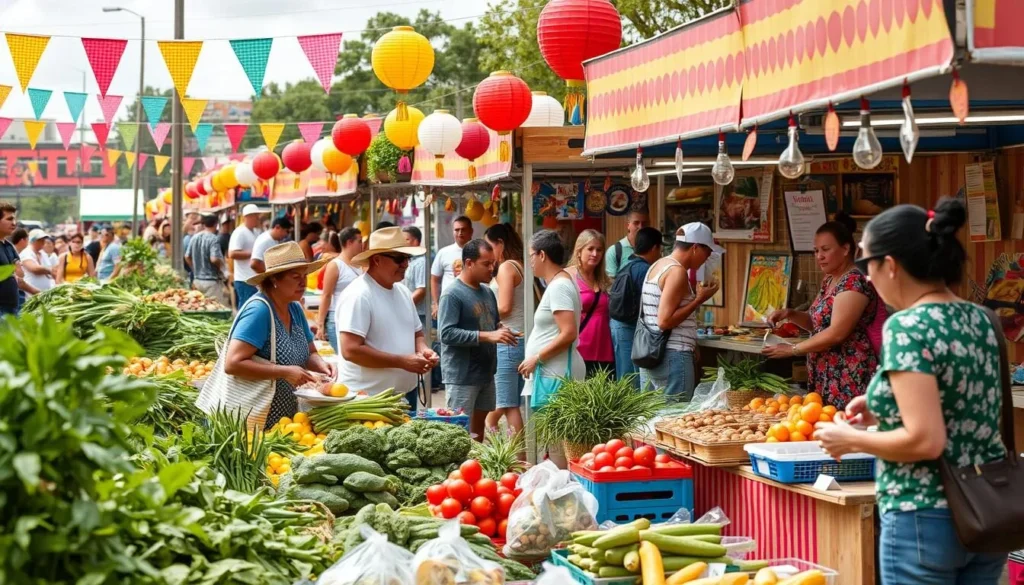 Generate an image of a bustling agricultural fair with local farmers selling their produce and traditional Puerto Rican dishes being served.