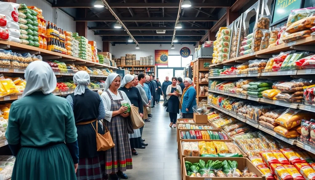 Generate an image of a bustling bulk food store with Amish families shopping together.