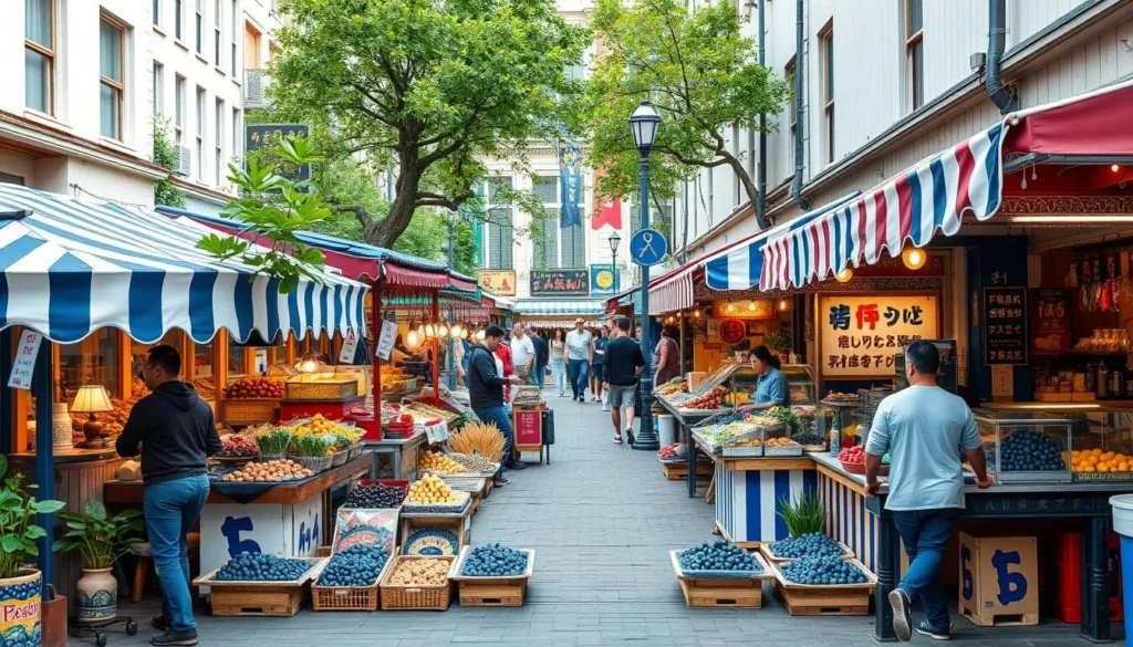 Generate an image of a bustling downtown area with blueberry-themed food stalls.