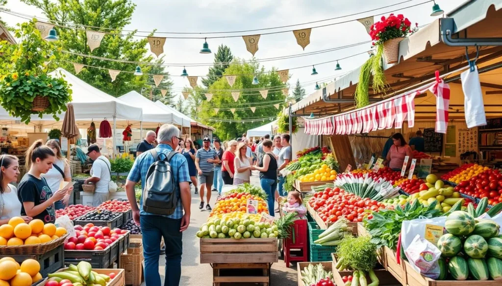 Generate an image of a bustling farmers' market with fresh produce and local goods on display.