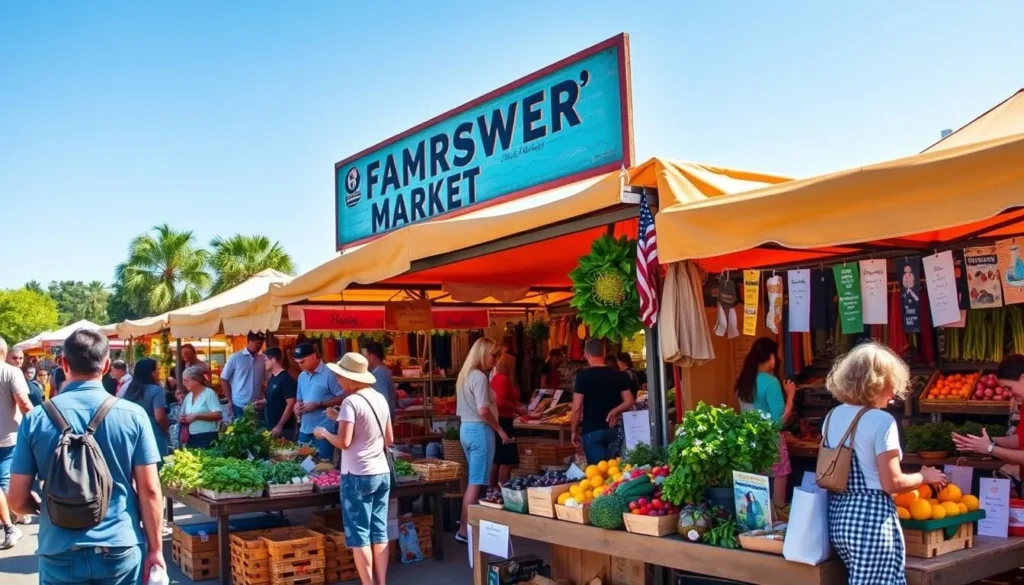 Generate an image of a bustling farmers' market with local produce, artisanal goods, and handmade crafts.