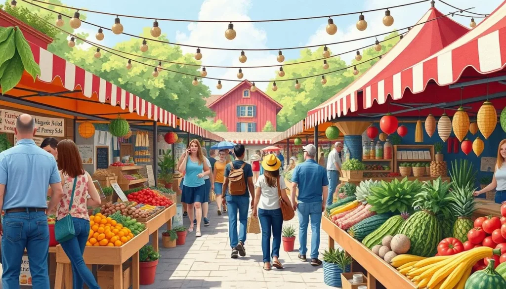 Generate an image of a bustling farmers market with vendors selling fresh produce, local crafts, and specialty items.