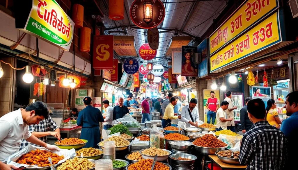 Generate an image of a bustling food street in Lahore, with vendors preparing various dishes.