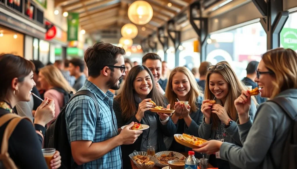 Generate an image of a bustling food tour in Melbourne, with participants sampling various local delicacies.