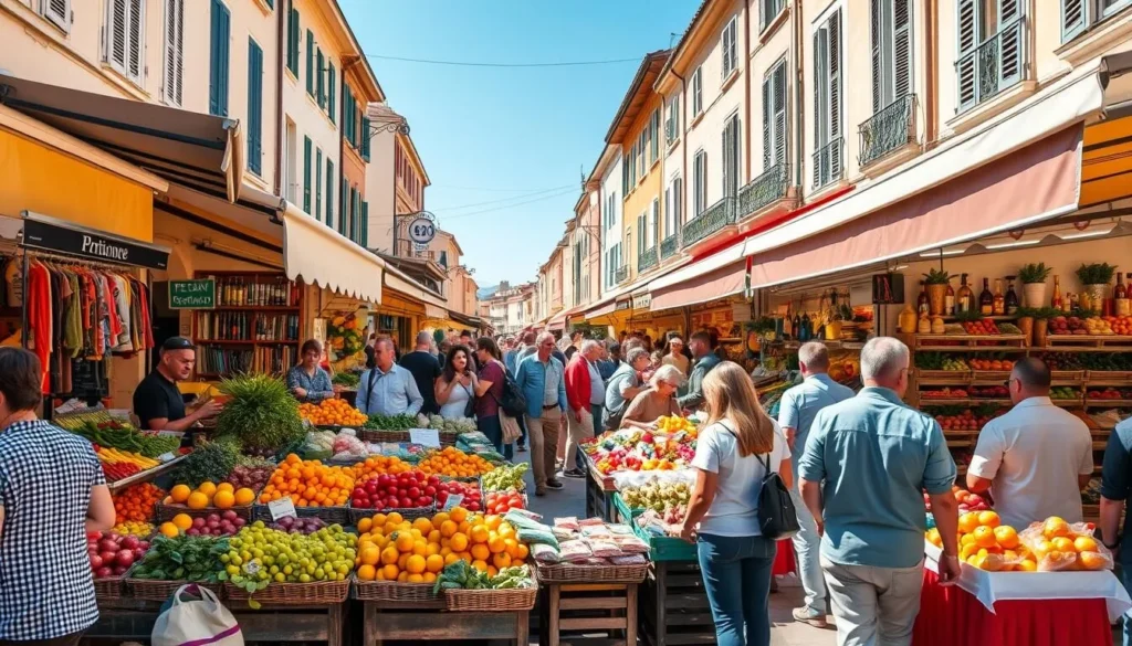 Generate an image of a bustling market scene in Aix-en-Provence, with vibrant colors and a variety of local produce and products on display.