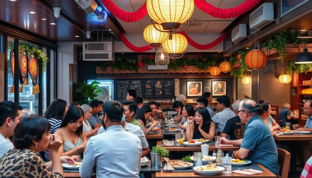 Generate an image of a bustling restaurant scene around the Noblesville Square, featuring diverse diners and cuisine.