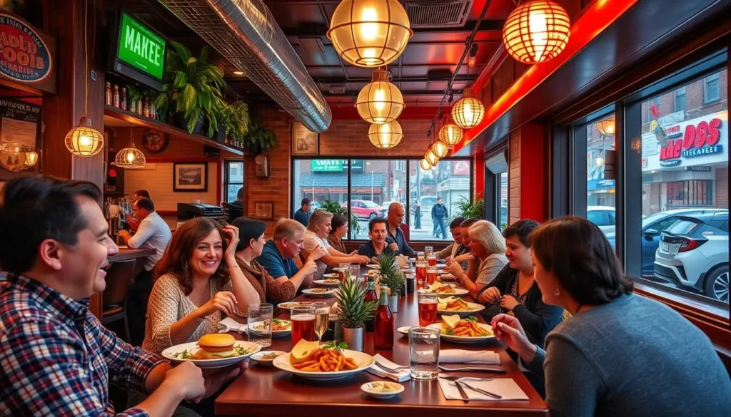 Generate an image of a bustling restaurant scene in Long Island City, with diverse patrons enjoying meals.