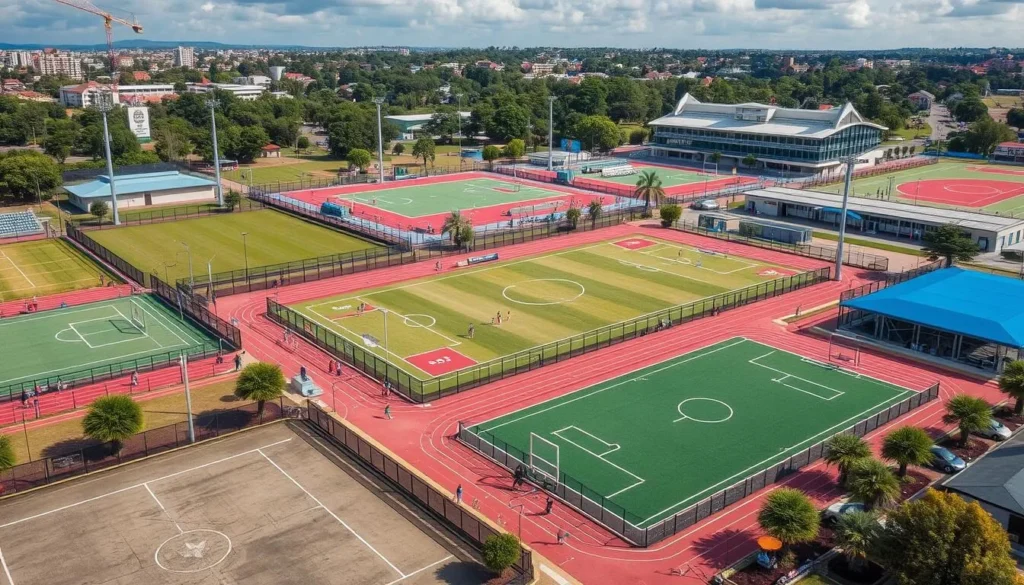 Generate an image of a bustling sports complex with multiple fields and facilities.