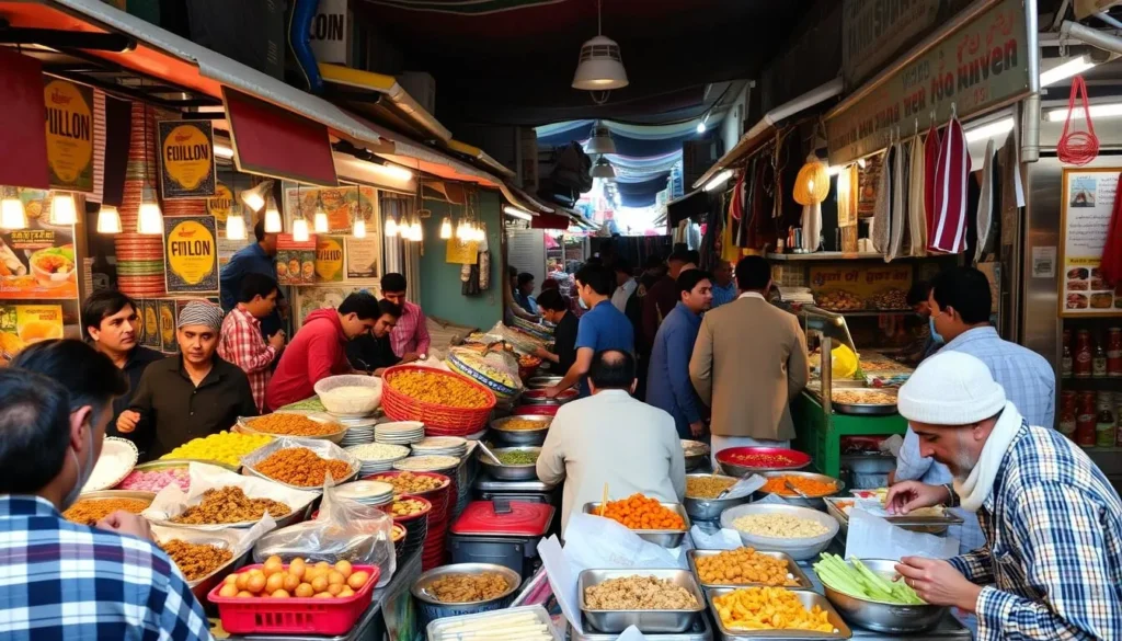 Generate an image of a bustling street food market in Kabul, Afghanistan.