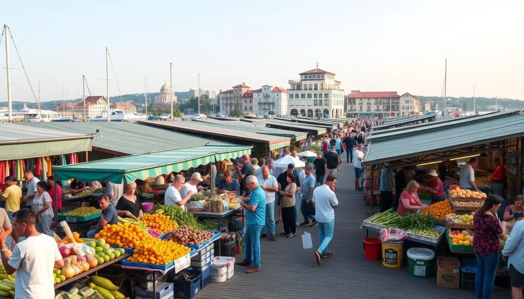 Generate an image of a bustling waterfront market with vendors selling fresh produce, crafts, and prepared foods.