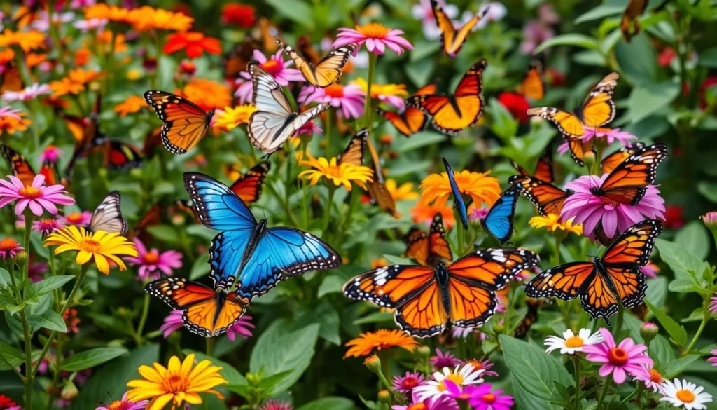 Generate an image of a butterfly farm with a variety of butterfly species.
