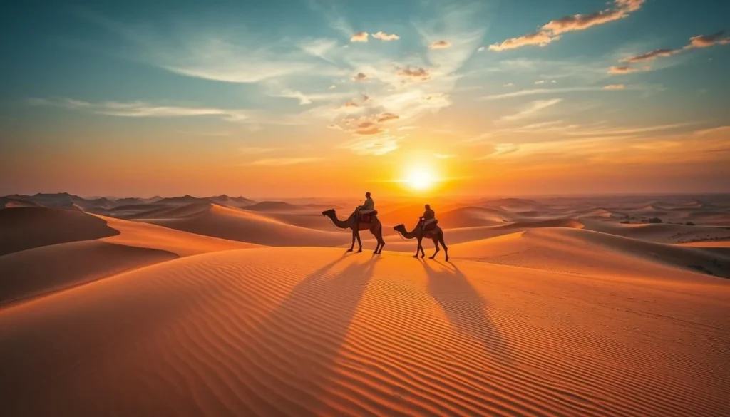 Generate an image of a camel caravan traversing the golden sand dunes of Echoing Sand Mountains at sunset.