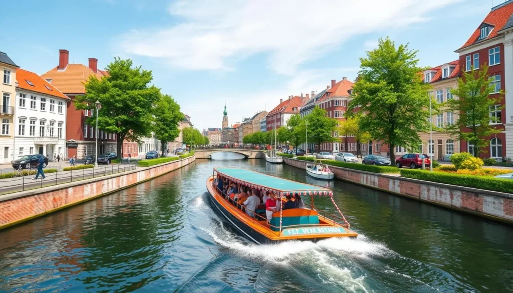 Generate an image of a canal tour boat in Copenhagen