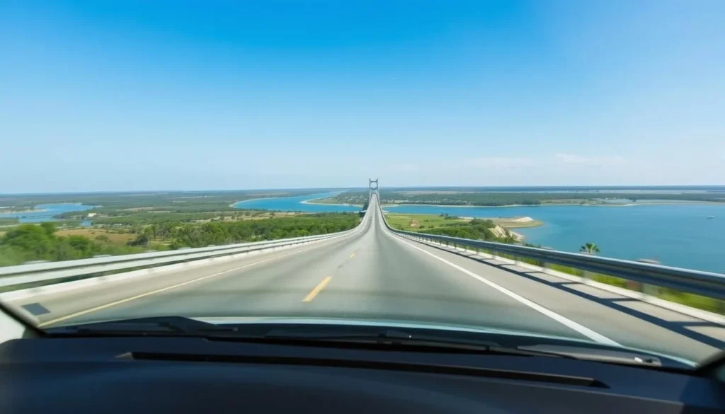 Generate an image of a car driving onto St. Simons Island via the F.J. Torras Causeway.