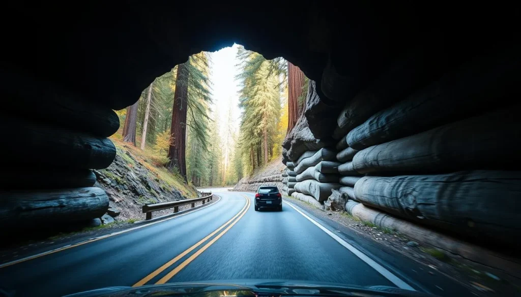 Generate an image of a car driving through Tunnel Log in Sequoia National Park.